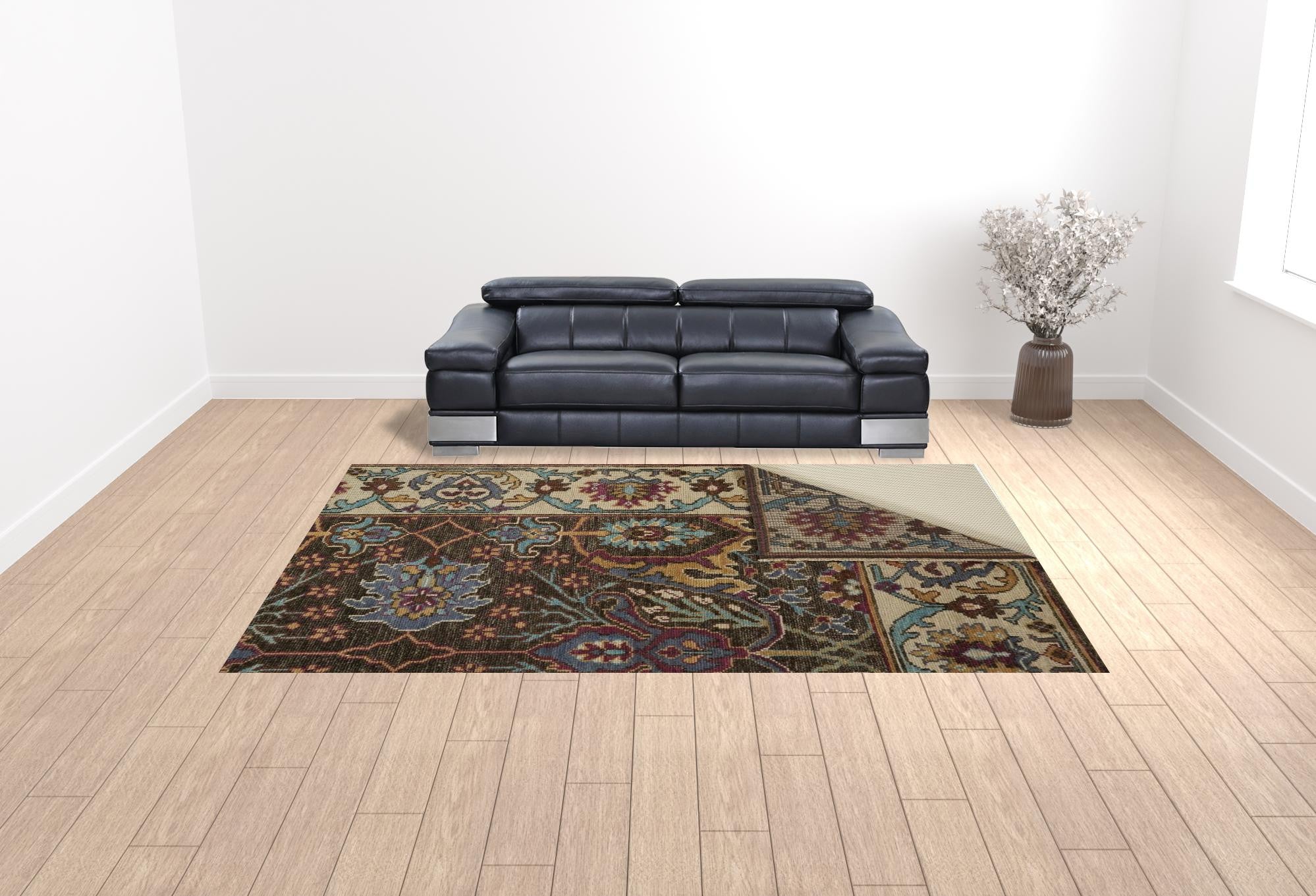 4' X 6' Ivory Brown And Blue Wool Floral Hand Knotted Distressed Stain Resistant Area Rug With Fringe