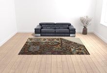 4' X 6' Ivory Brown And Blue Wool Floral Hand Knotted Distressed Stain Resistant Area Rug With Fringe