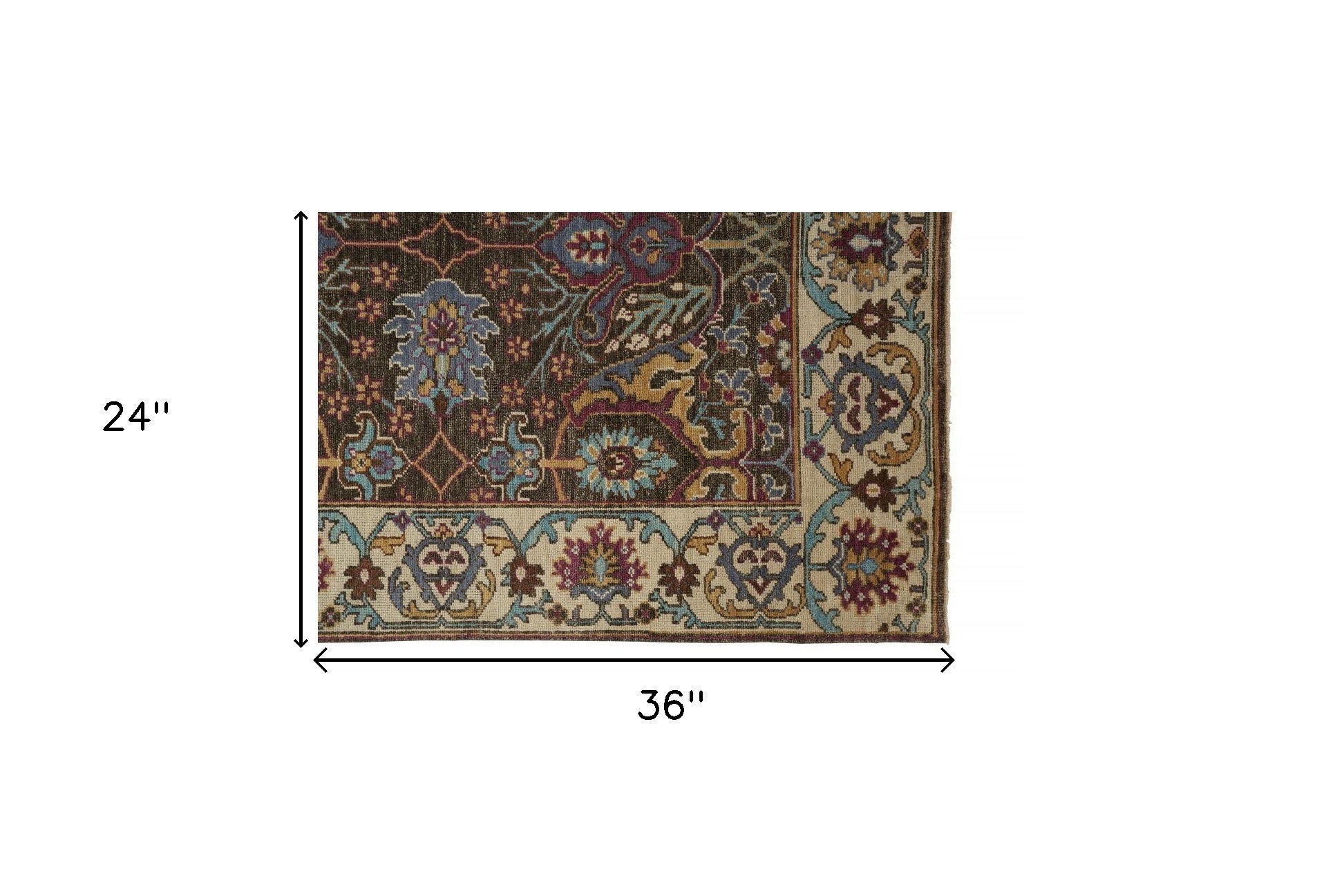 4' X 6' Ivory Brown And Blue Wool Floral Hand Knotted Distressed Stain Resistant Area Rug With Fringe