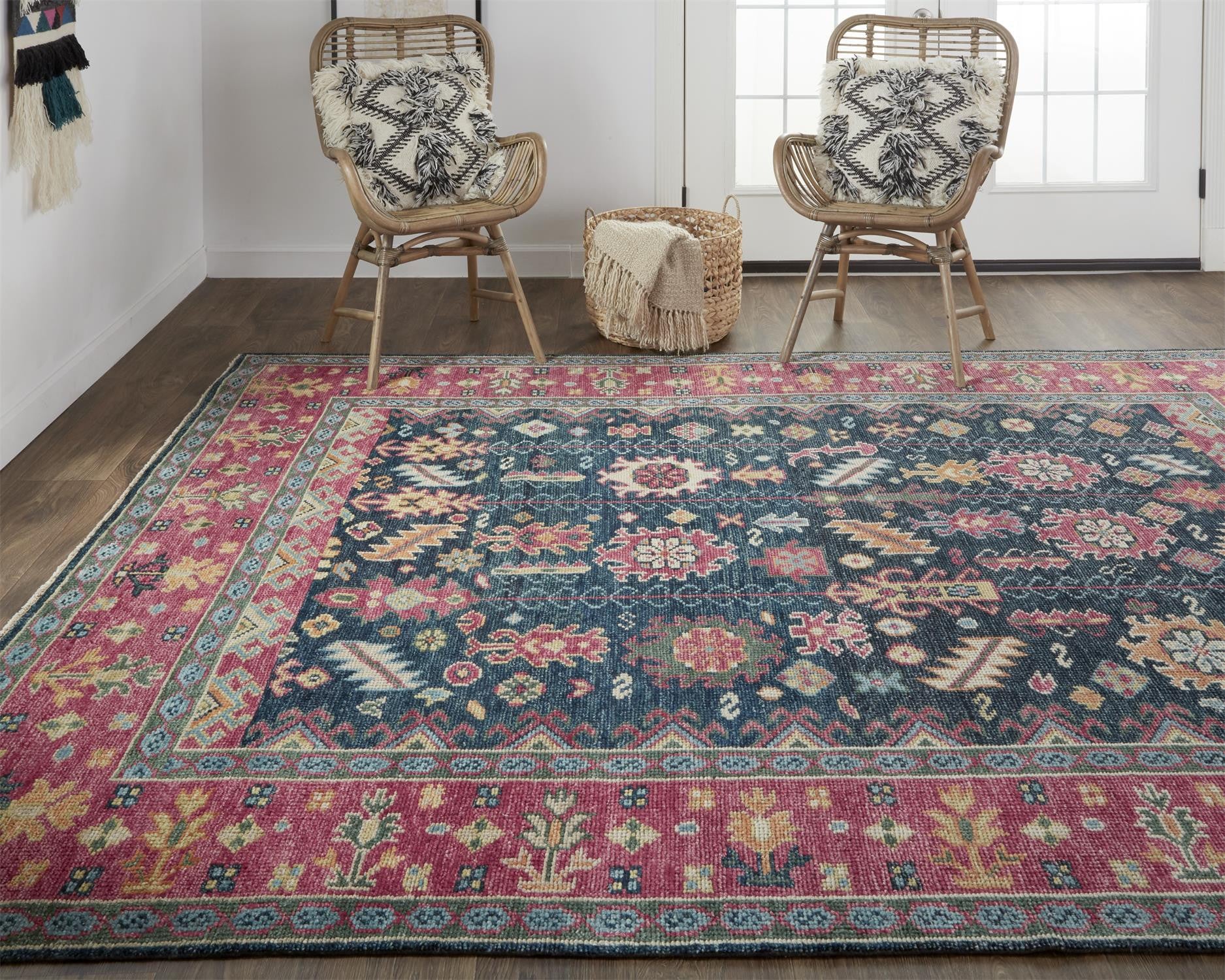 4' X 6' Pink Blue And Orange Wool Floral Hand Knotted Distressed Stain Resistant Area Rug With Fringe