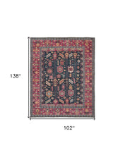 4' X 6' Pink Blue And Orange Wool Floral Hand Knotted Distressed Stain Resistant Area Rug With Fringe