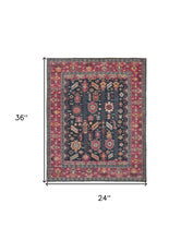 4' X 6' Pink Blue And Orange Wool Floral Hand Knotted Distressed Stain Resistant Area Rug With Fringe