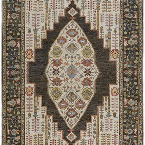4' X 6' Brown Yellow And Green Wool Floral Hand Knotted Distressed Stain Resistant Area Rug With Fringe