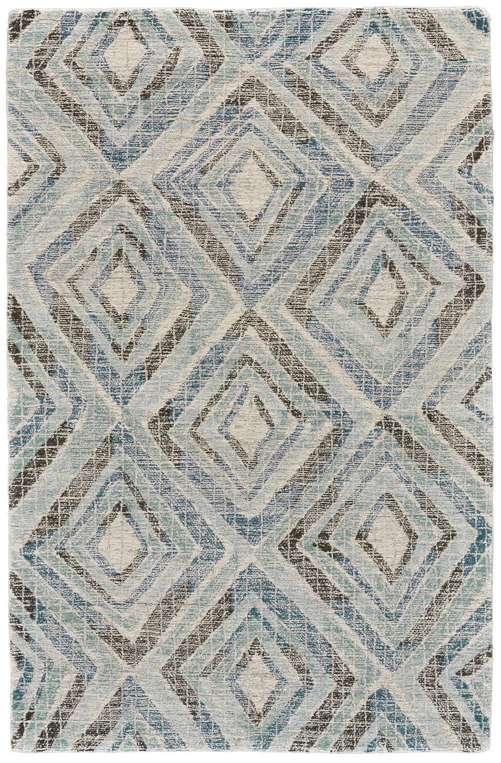 Blue Gray And Ivory Wool Geometric Tufted Handmade Area Rug - 4' x 6'