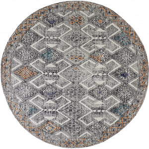 8' Black Ivory And Green Round Wool Geometric Tufted Handmade Distressed Area Rug
