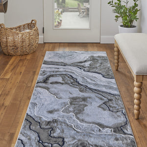 8' Taupe Gray And Blue Abstract Power Loom Stain Resistant Runner Rug