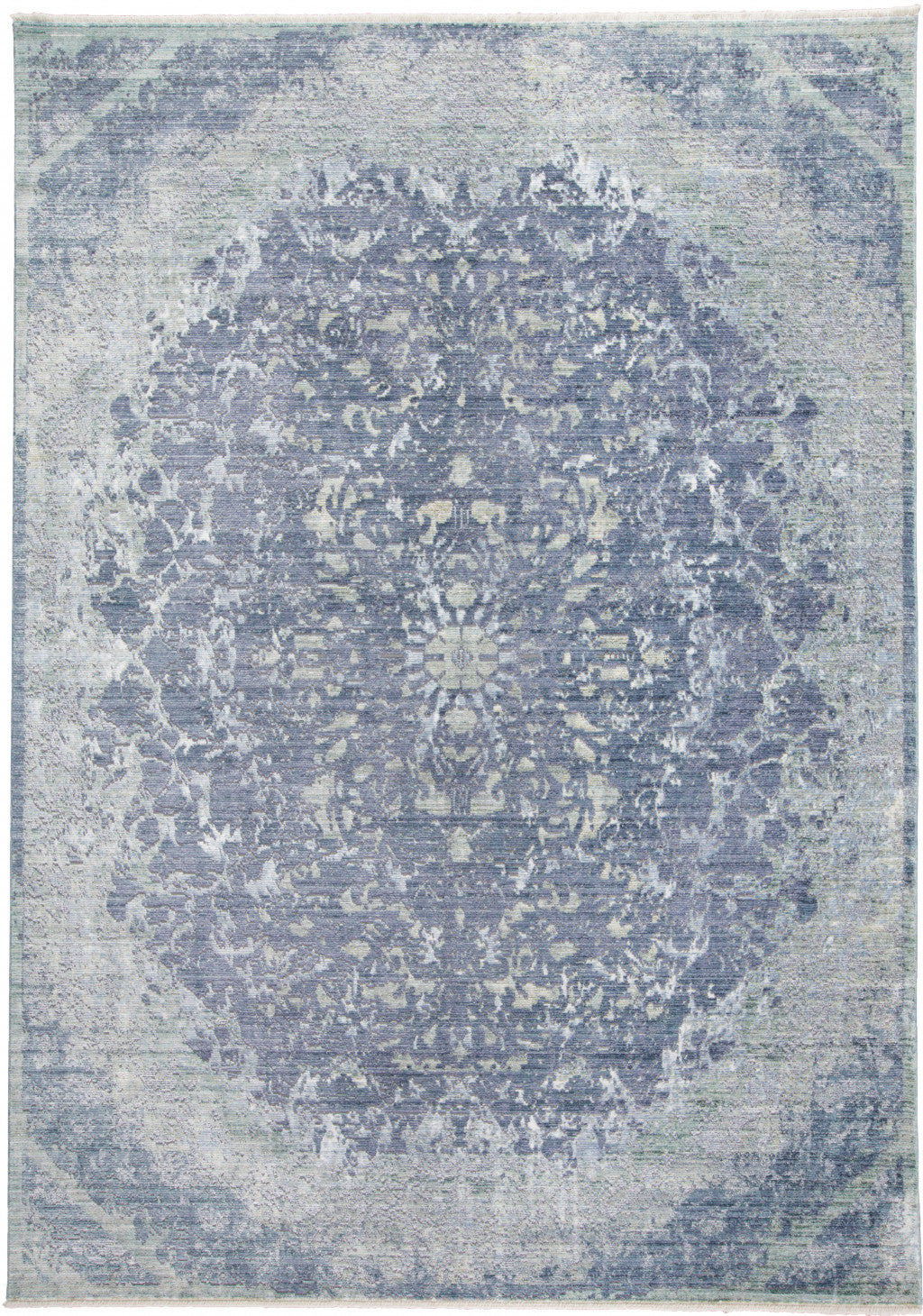 4' X 6' Blue Gray And Silver Abstract Distressed Area Rug With Fringe