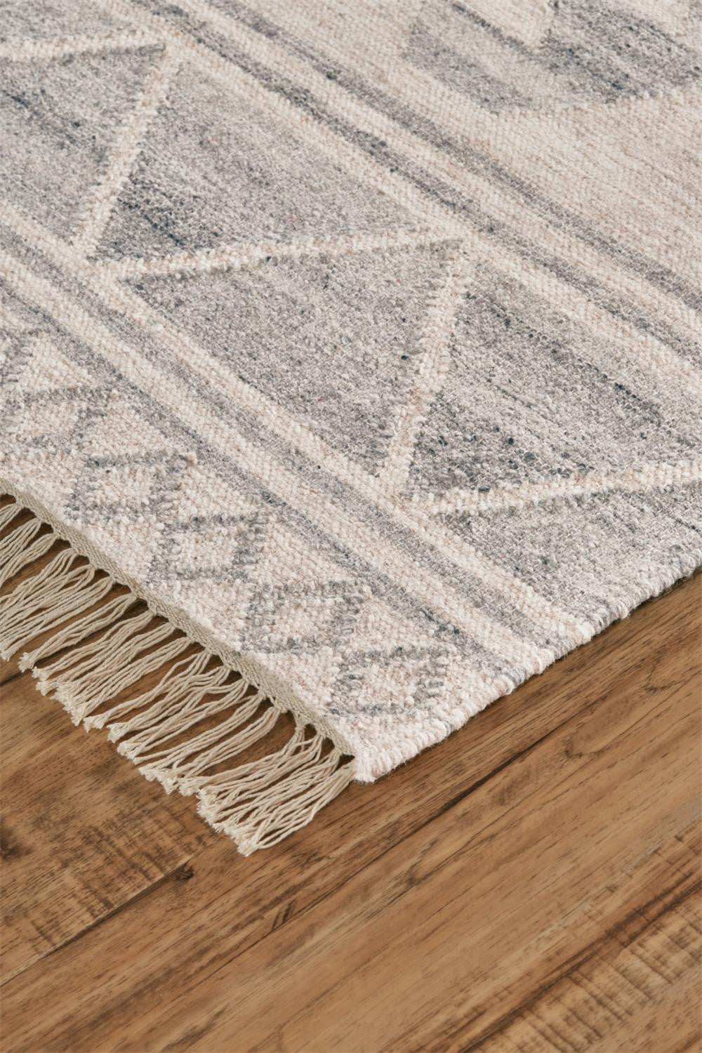 5' X 8' Ivory Gray And Blue Wool Geometric Dhurrie Flatweave Handmade Area Rug With Fringe