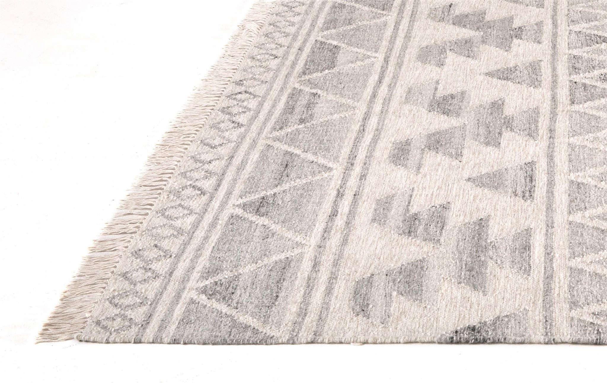 5' X 8' Ivory Gray And Blue Wool Geometric Dhurrie Flatweave Handmade Area Rug With Fringe