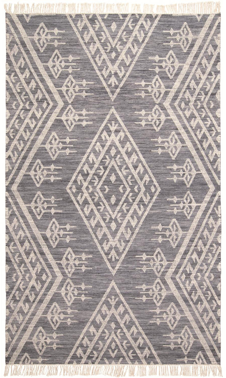 5' X 8' Gray Ivory And Blue Wool Geometric Dhurrie Flatweave Handmade Area Rug With Fringe