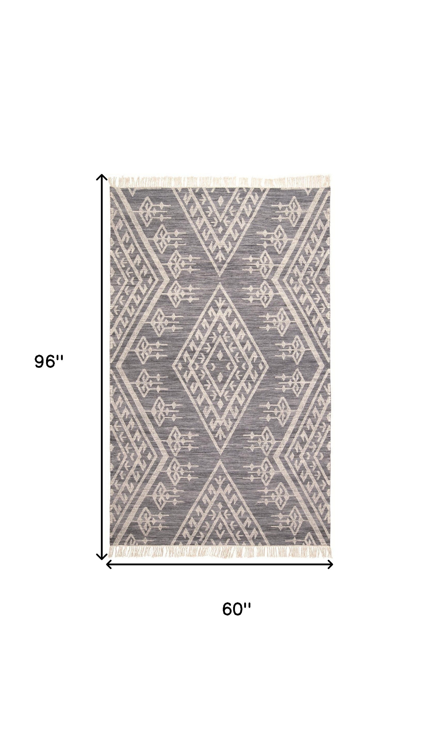 5' X 8' Gray Ivory And Blue Wool Geometric Dhurrie Flatweave Handmade Area Rug With Fringe