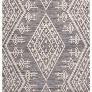 5' X 8' Gray Ivory And Blue Wool Geometric Dhurrie Flatweave Handmade Area Rug With Fringe