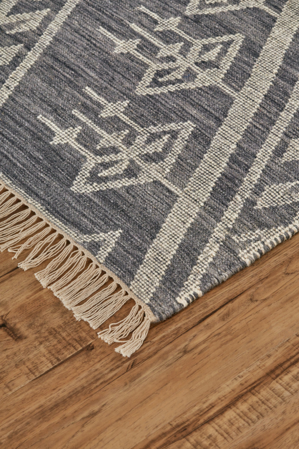 5' X 8' Gray Ivory And Blue Wool Geometric Dhurrie Flatweave Handmade Area Rug With Fringe