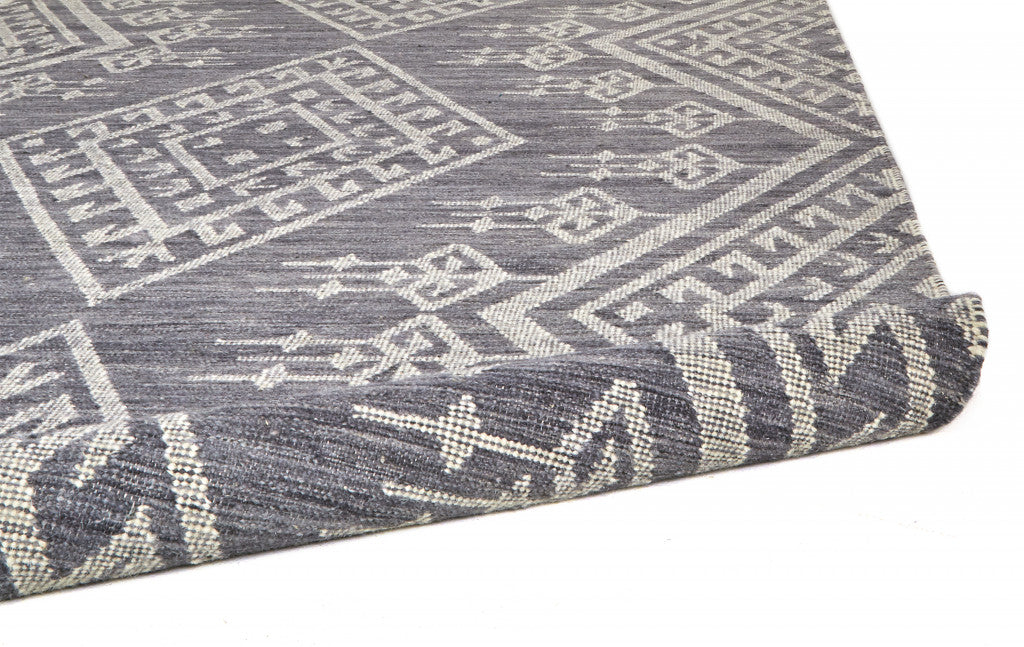 5' X 8' Gray Ivory And Blue Wool Geometric Dhurrie Flatweave Handmade Area Rug With Fringe