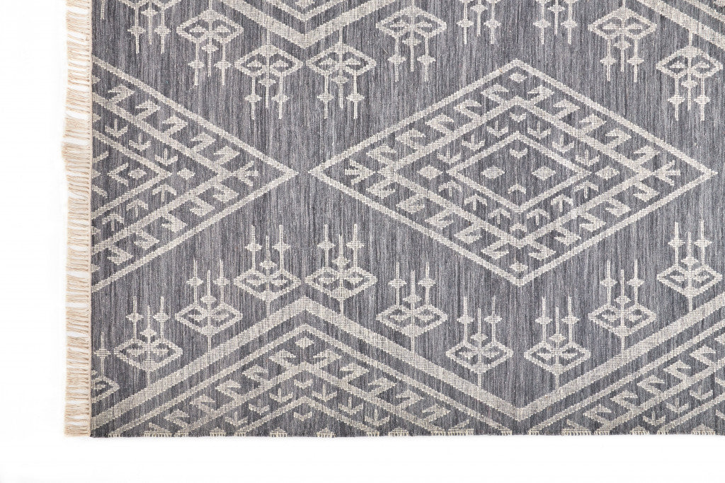 5' X 8' Gray Ivory And Blue Wool Geometric Dhurrie Flatweave Handmade Area Rug With Fringe