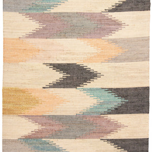 5' X 8' Tan Blue And Orange Geometric Dhurrie Flatweave Handmade Area Rug With Fringe