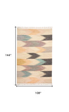 5' X 8' Tan Blue And Orange Geometric Dhurrie Flatweave Handmade Area Rug With Fringe