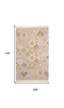 5' X 8' Pink Gold And Taupe Wool Geometric Dhurrie Flatweave Handmade Area Rug With Fringe
