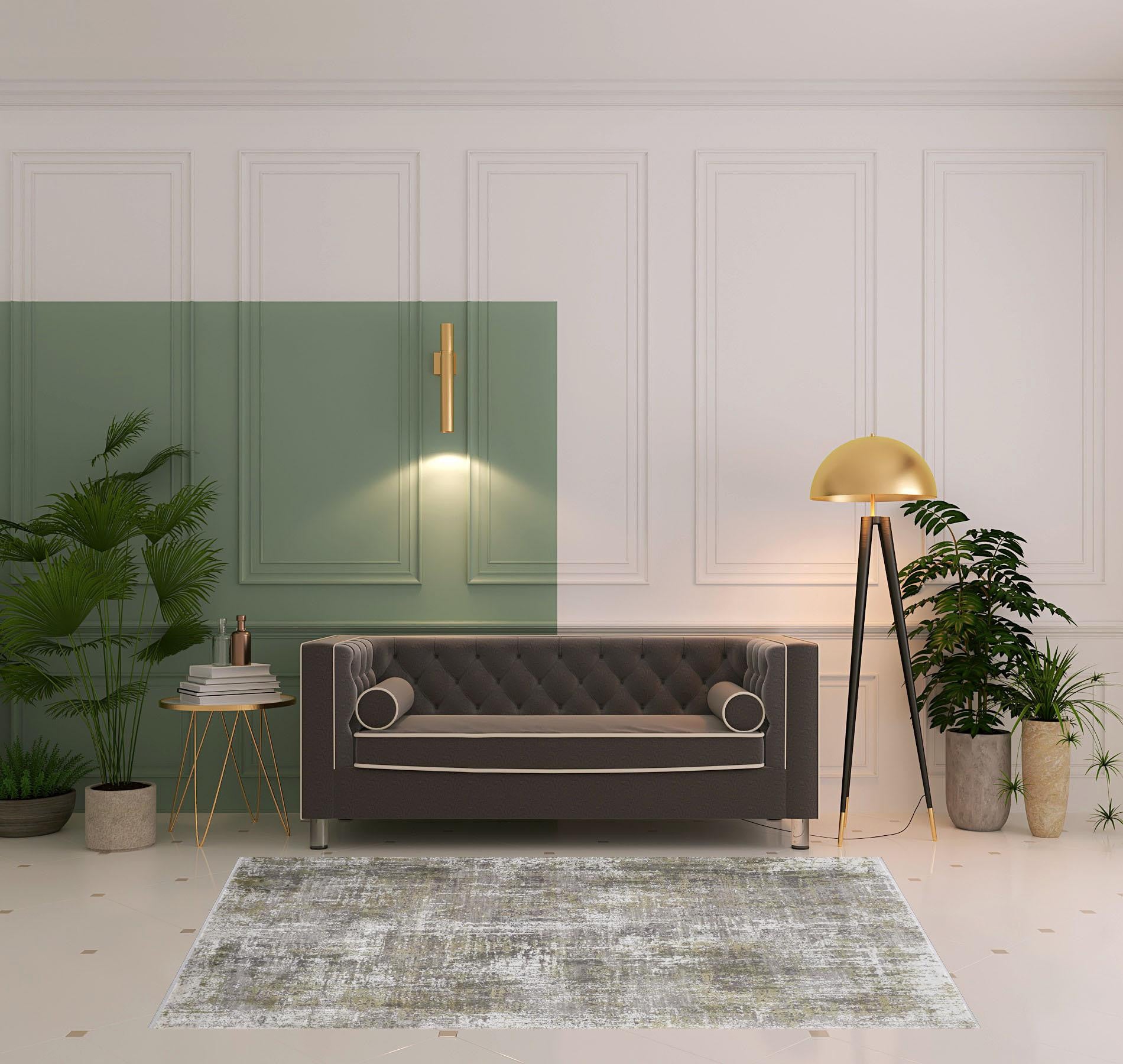 3' X 5' Green Gray And Ivory Abstract Power Loom Distressed Area Rug With Fringe