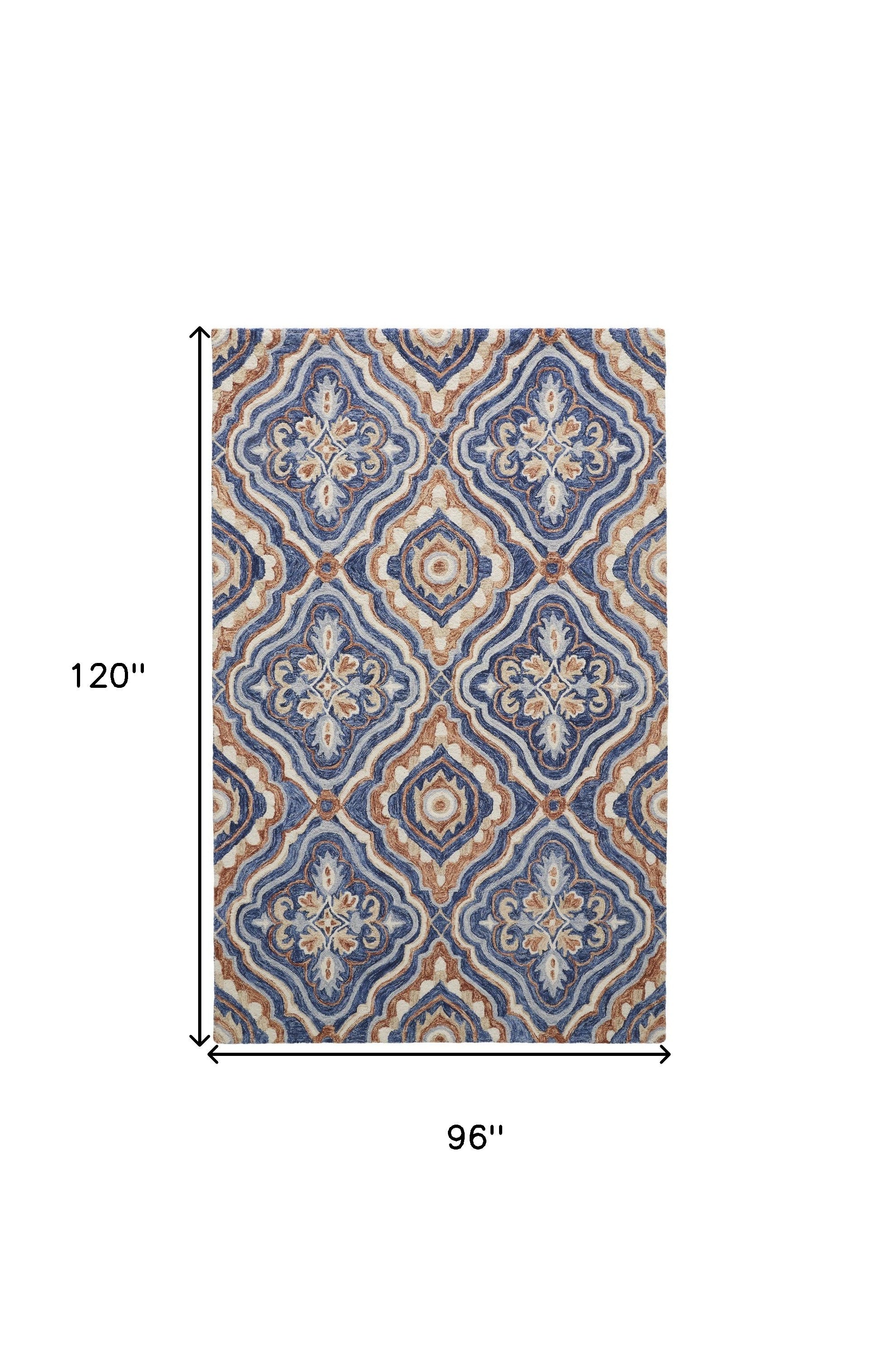 5' X 8' Blue Orange And Ivory Wool Geometric Tufted Handmade Stain Resistant Area Rug