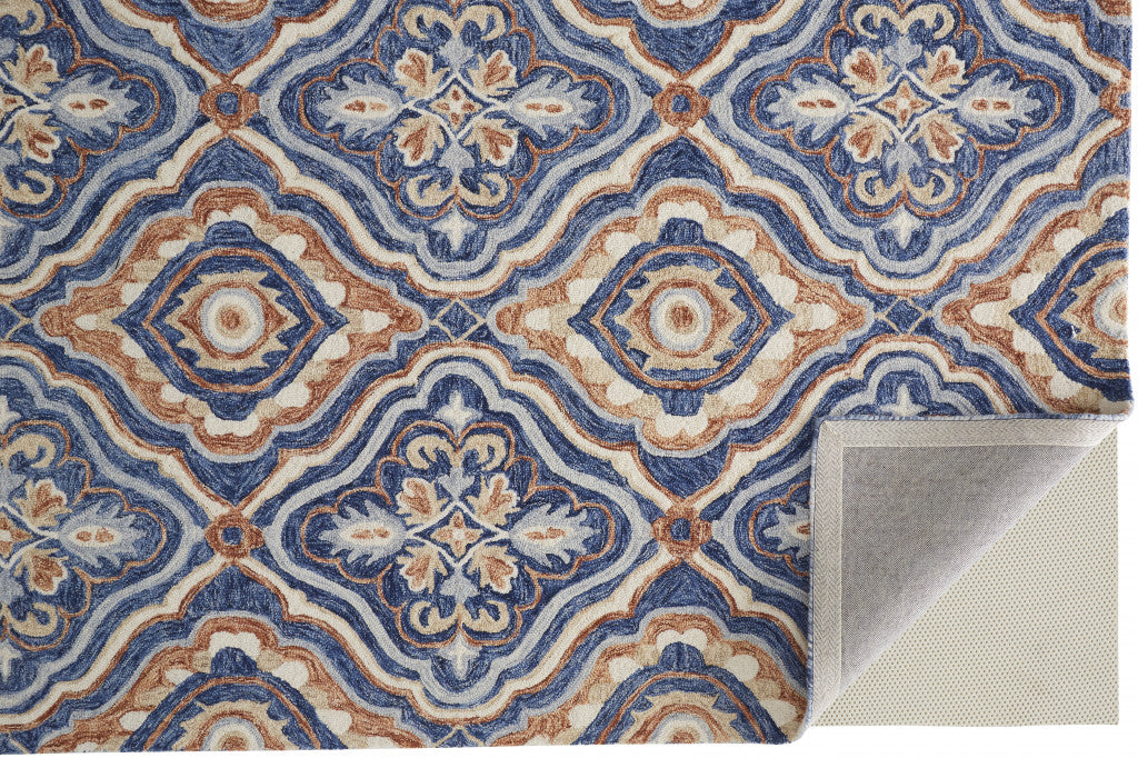 5' X 8' Blue Orange And Ivory Wool Geometric Tufted Handmade Stain Resistant Area Rug