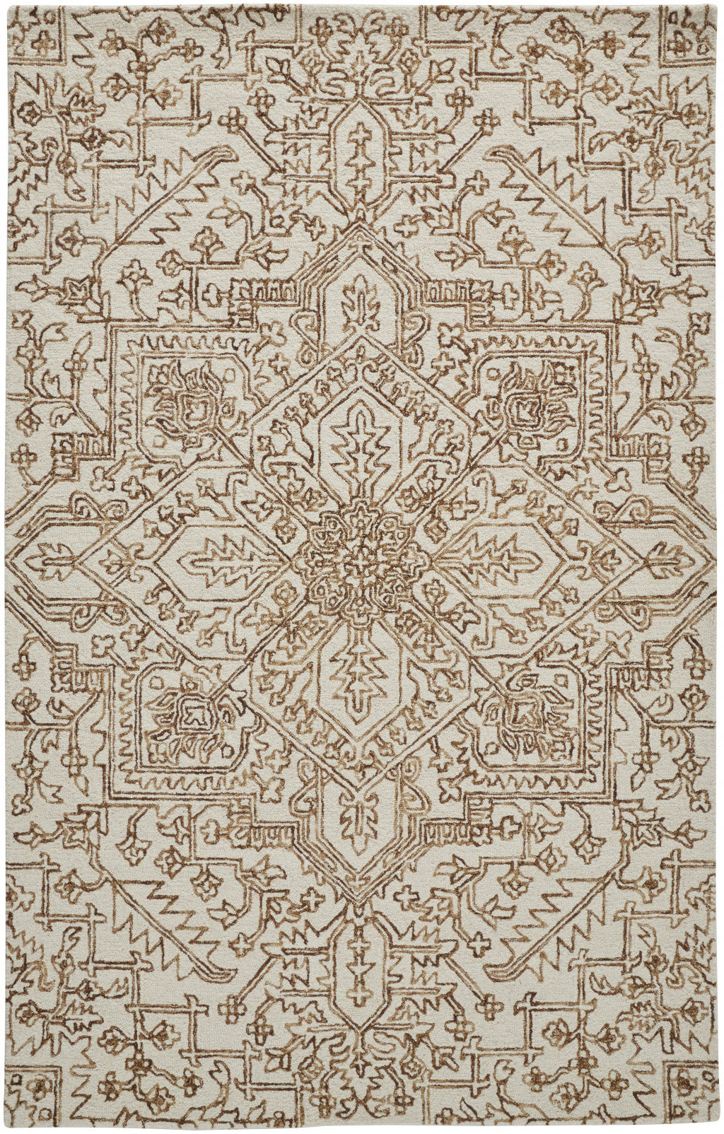 Ivory And Brown Wool Floral Tufted Handmade Stain Resistant Area Rug - 5' x 8'