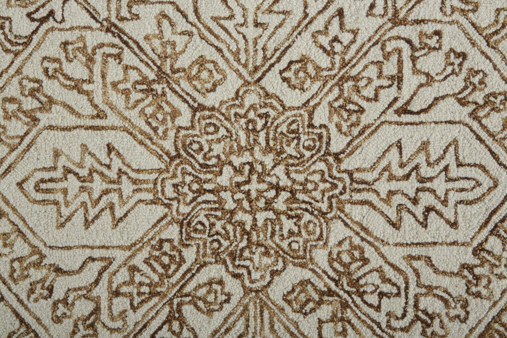 Ivory And Brown Wool Floral Tufted Handmade Stain Resistant Area Rug - 5' x 8'