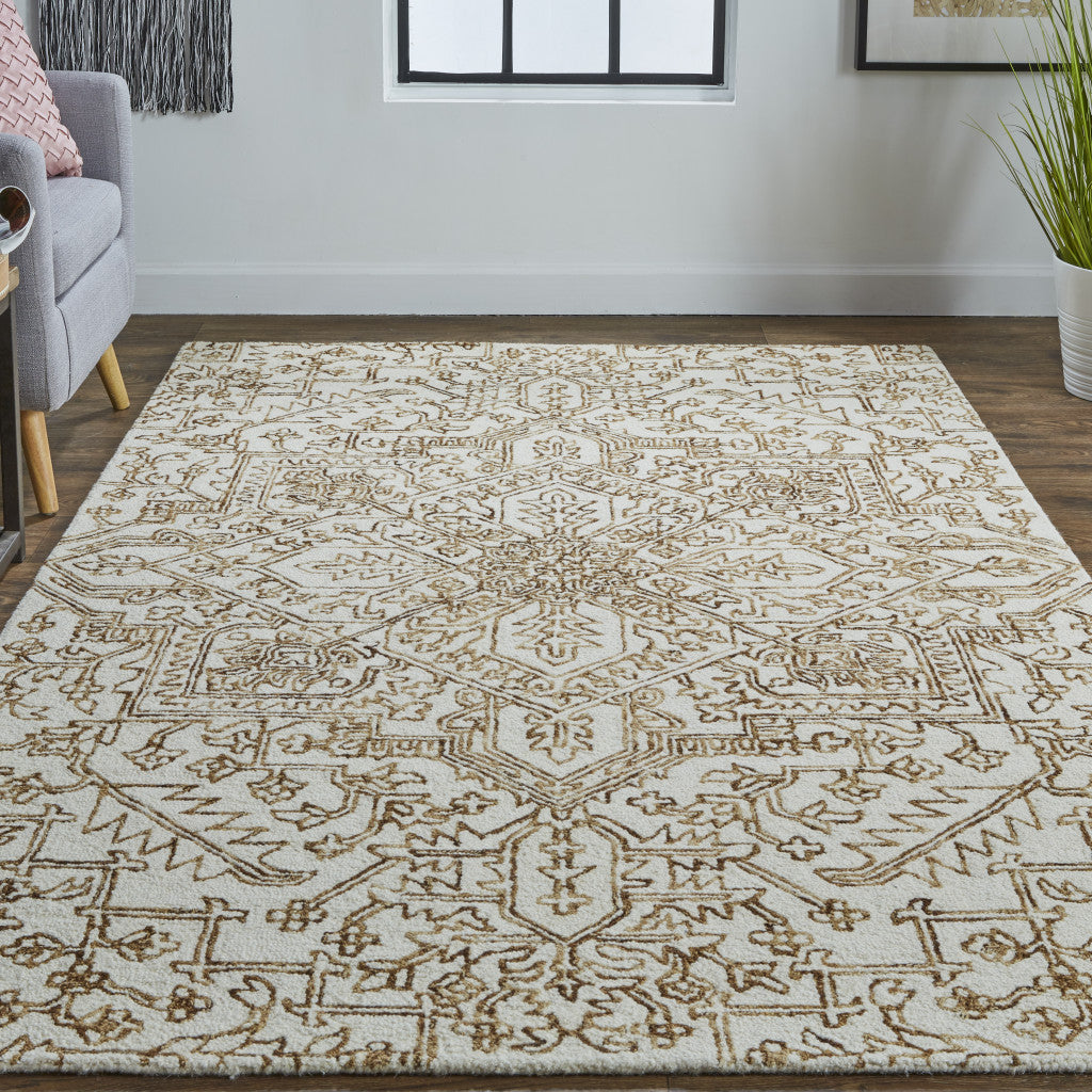 Ivory And Brown Wool Floral Tufted Handmade Stain Resistant Area Rug - 5' x 8'