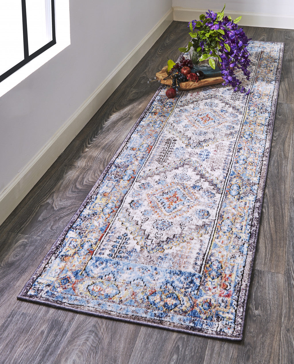 4' X 6' Blue Gray And Ivory Floral Stain Resistant Area Rug