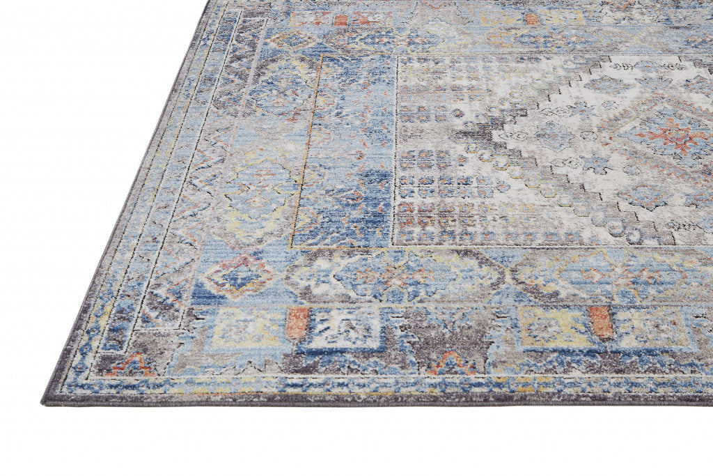4' X 6' Blue Gray And Ivory Floral Stain Resistant Area Rug