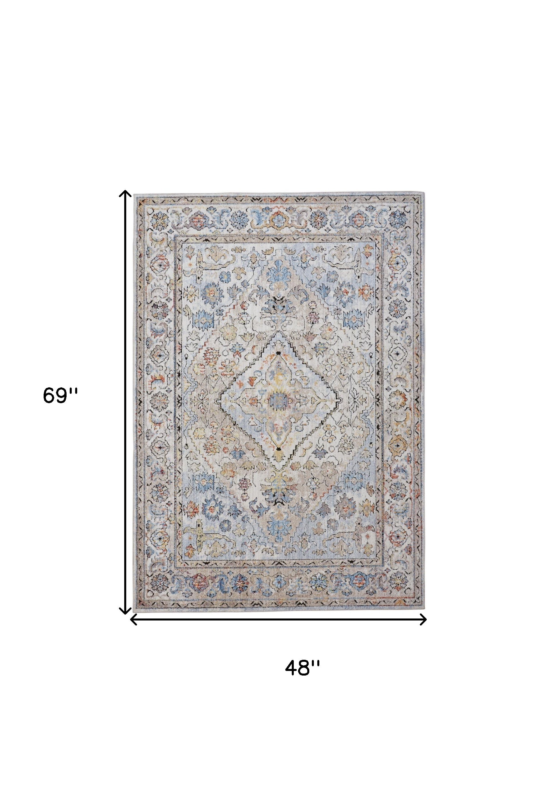 4' X 6' Taupe Blue And Gray Floral Stain Resistant Area Rug