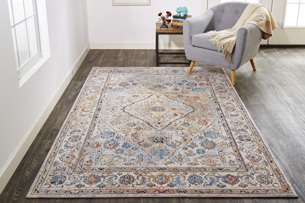 4' X 6' Taupe Blue And Gray Floral Stain Resistant Area Rug