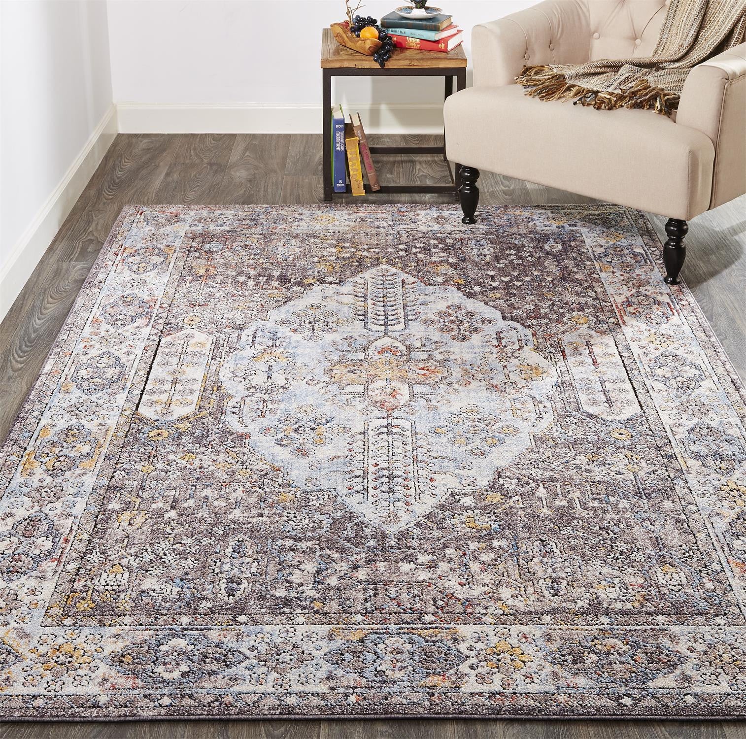 4' X 6' Gray Blue And Gold Floral Stain Resistant Area Rug