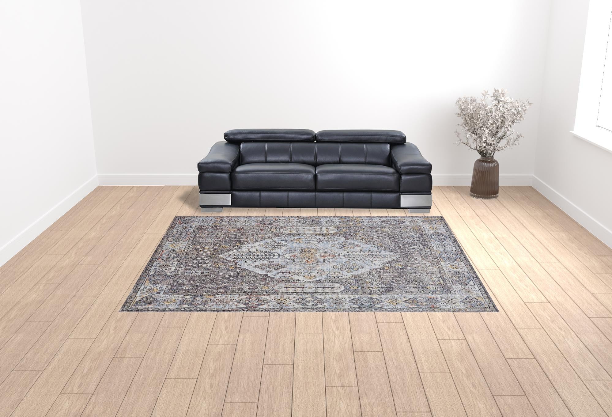 4' X 6' Gray Blue And Gold Floral Stain Resistant Area Rug