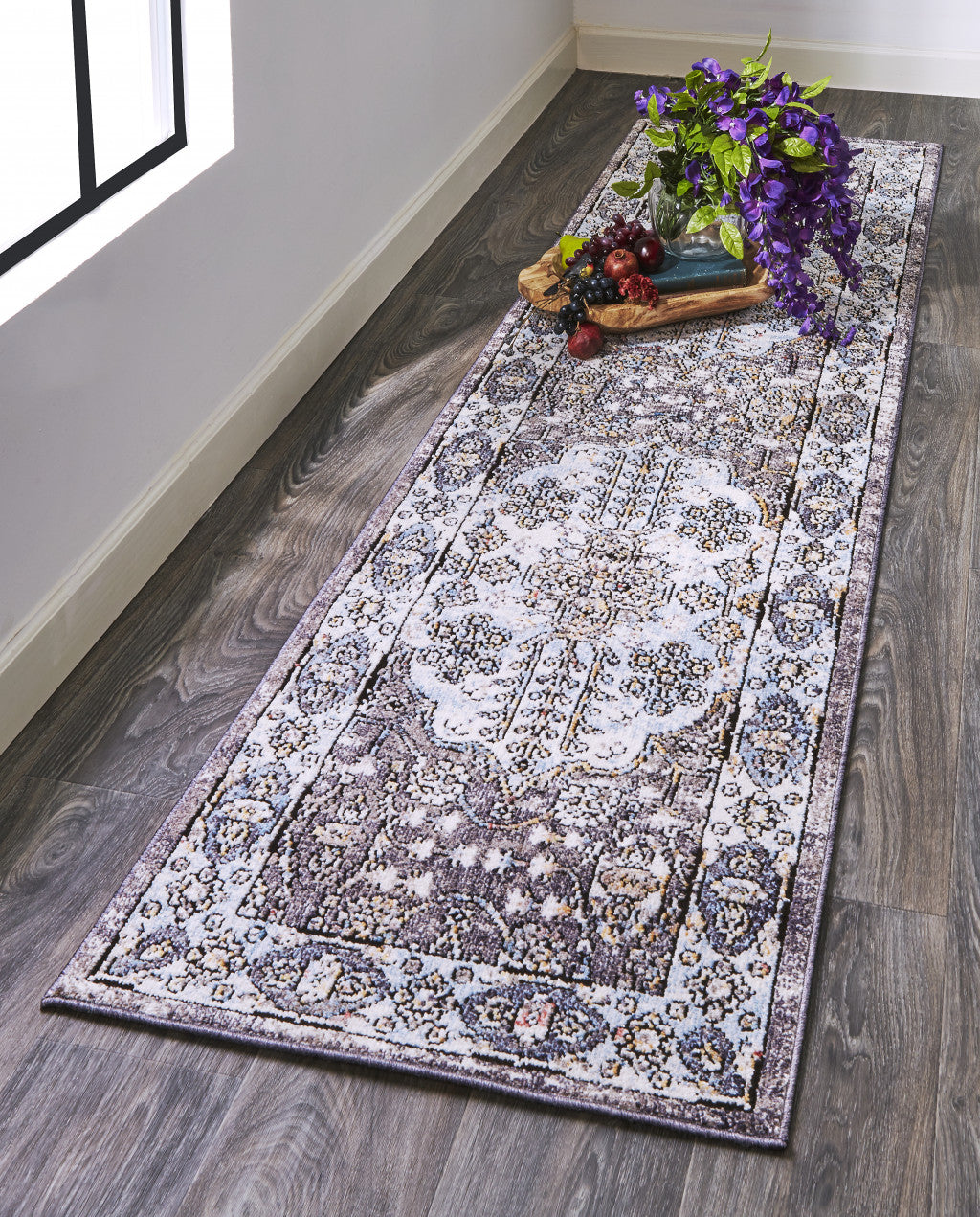 4' X 6' Gray Blue And Gold Floral Stain Resistant Area Rug