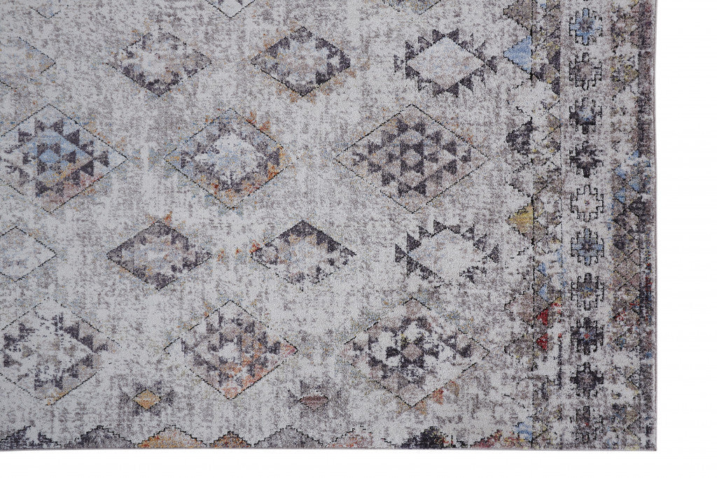 4' X 6' Gray Taupe And Blue Geometric Stain Resistant Area Rug