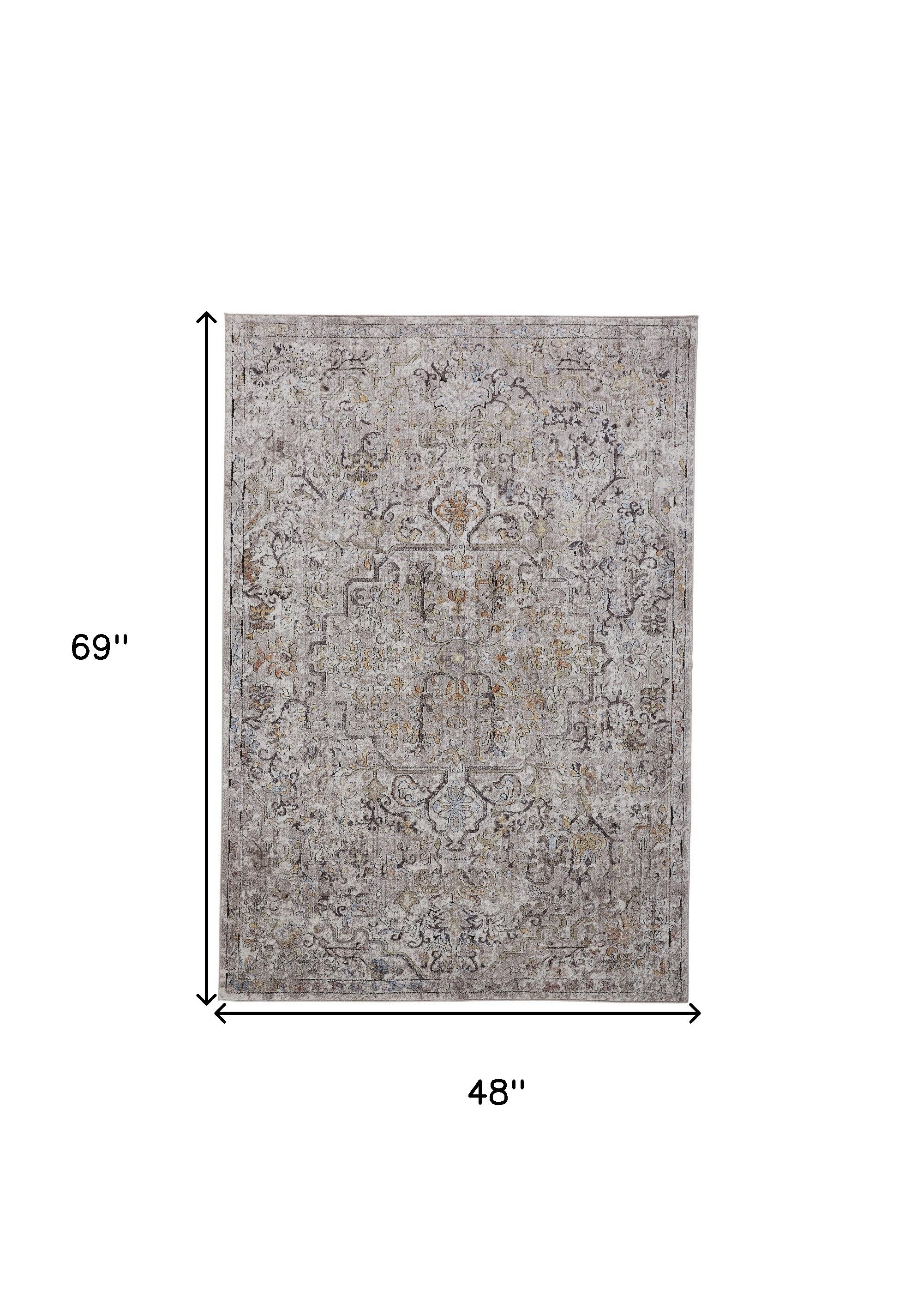 4' X 6' Gray Taupe And Yellow Abstract Stain Resistant Area Rug