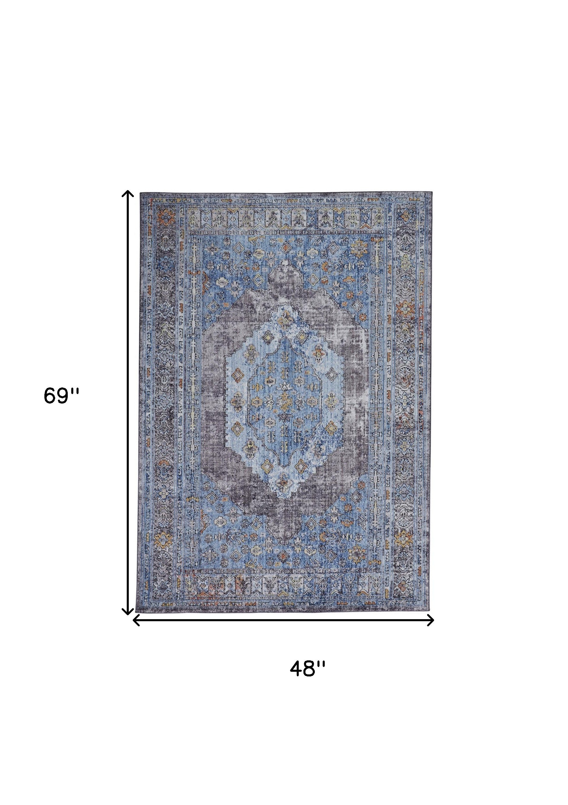 4' X 6' Blue Gray And Gold Floral Stain Resistant Area Rug