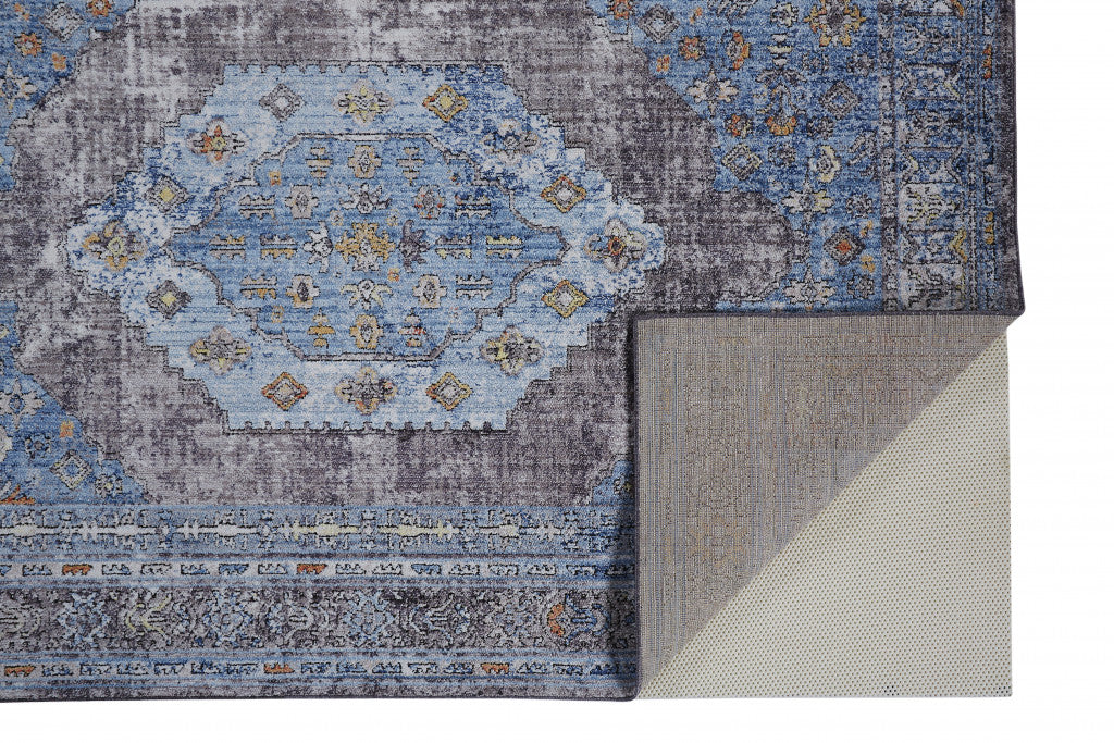 4' X 6' Blue Gray And Gold Floral Stain Resistant Area Rug