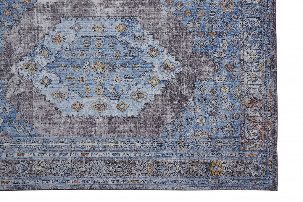 4' X 6' Blue Gray And Gold Floral Stain Resistant Area Rug