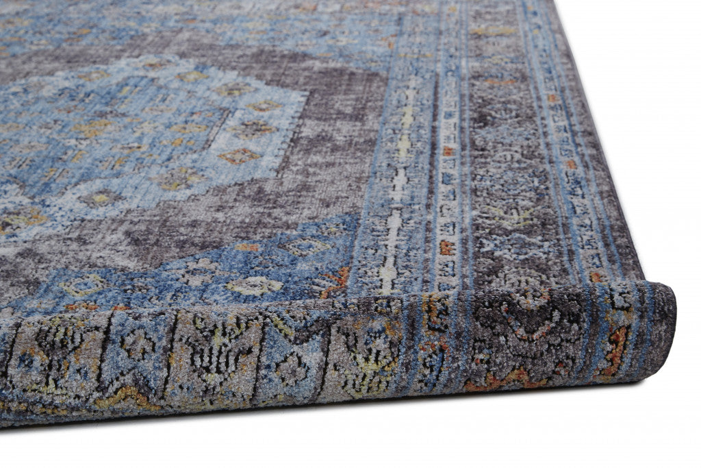 4' X 6' Blue Gray And Gold Floral Stain Resistant Area Rug