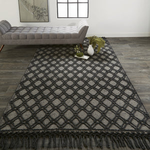 4' X 6' Black And Ivory Wool Geometric Hand Woven Area Rug With Fringe