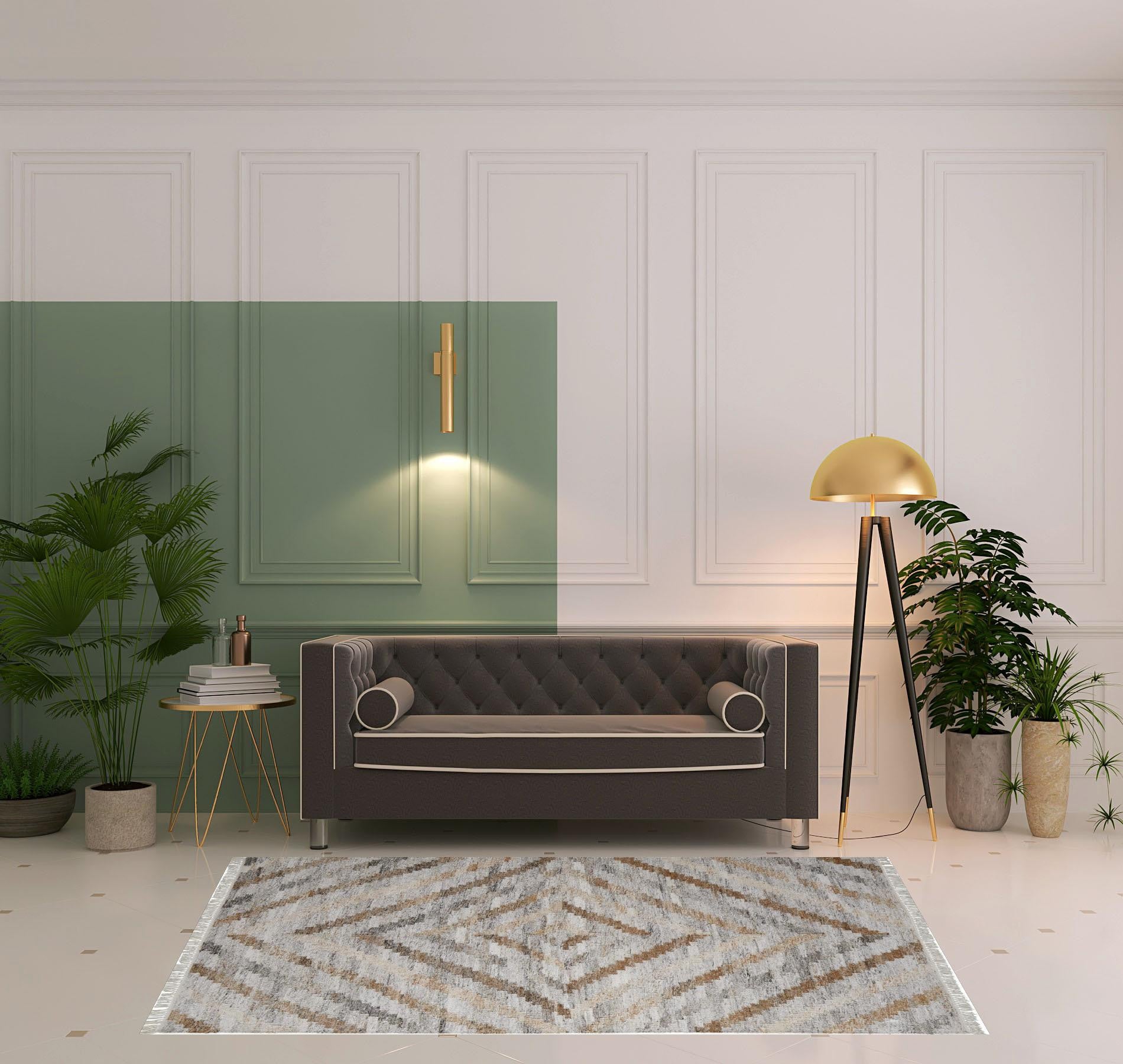 4' X 6' Ivory Gray And Tan Geometric Hand Woven Stain Resistant Area Rug With Fringe