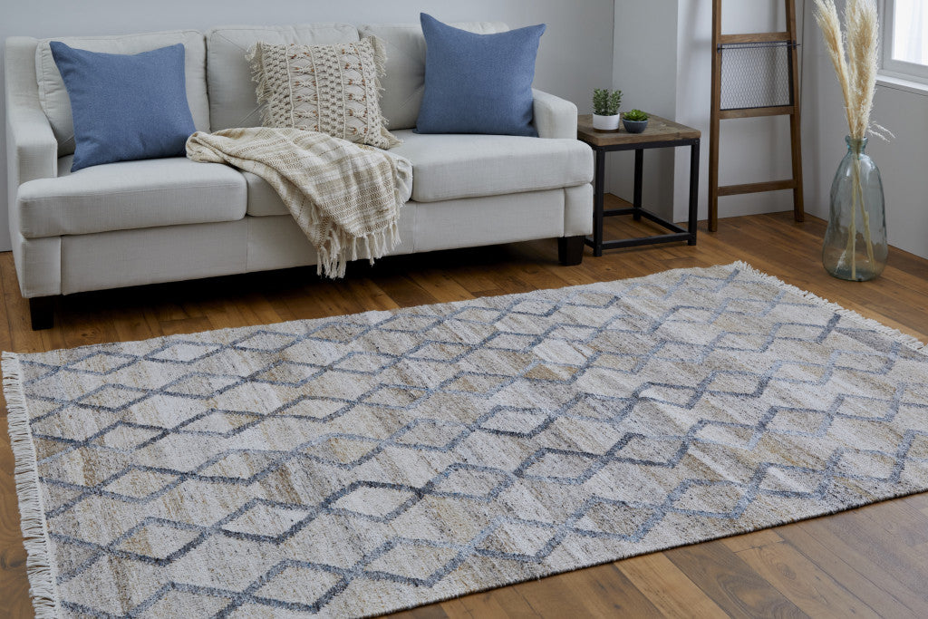 Gray Ivory And Tan Geometric Hand Woven Stain Resistant Area Rug With Fringe - 4' x 6'