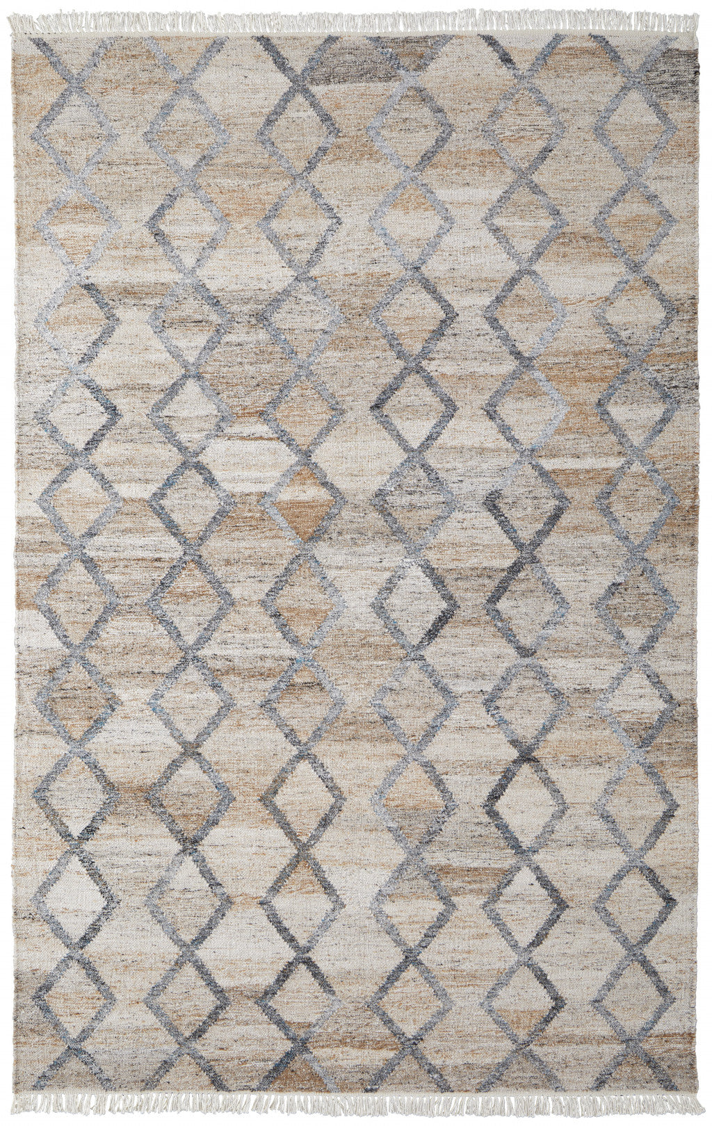 Gray Ivory And Tan Geometric Hand Woven Stain Resistant Area Rug With Fringe - 4' x 6'