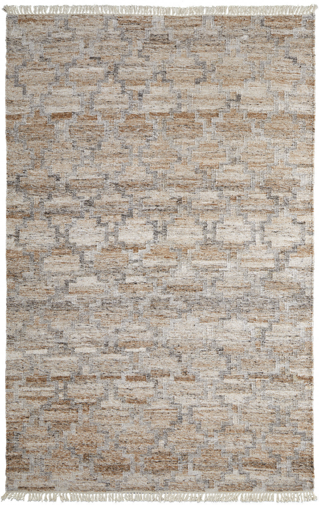 5' X 8' Tan Gray And Ivory Geometric Hand Woven Stain Resistant Area Rug With Fringe