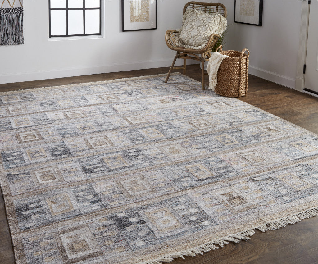 Gray Taupe And Tan Geometric Hand Woven Stain Resistant Area Rug With Fringe - 4' x 6'