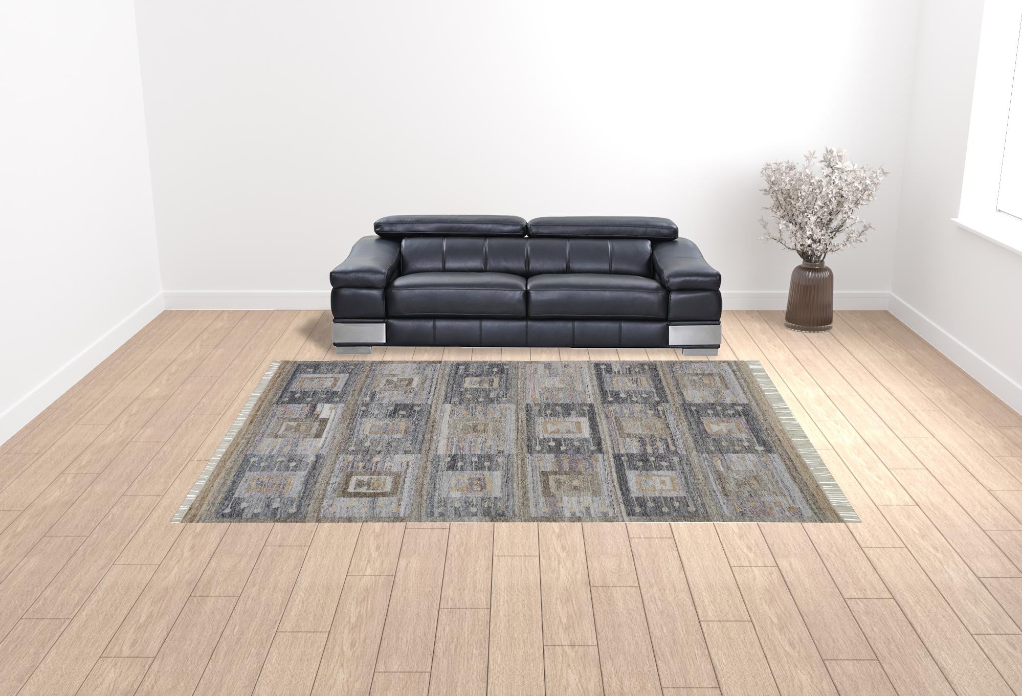 Gray Taupe And Tan Geometric Hand Woven Stain Resistant Area Rug With Fringe - 4' x 6'