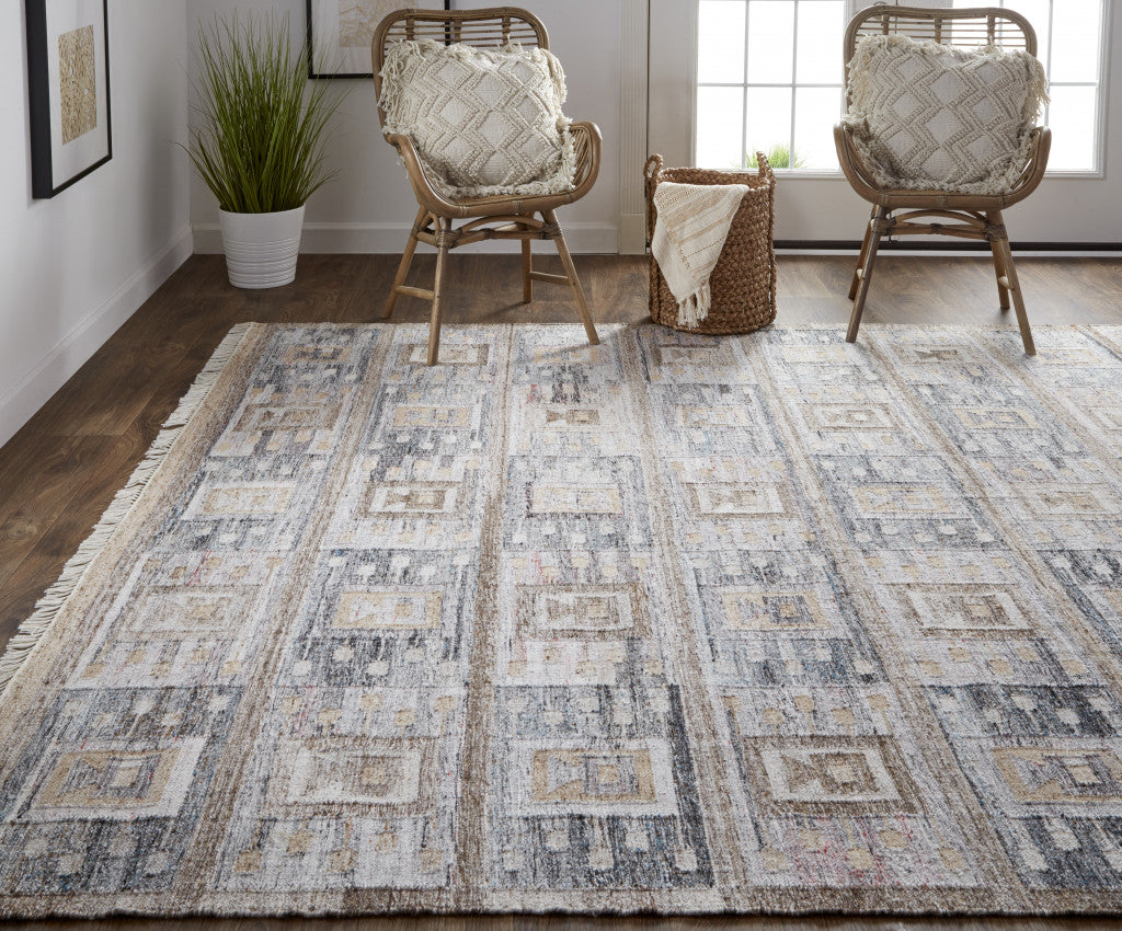 Gray Taupe And Tan Geometric Hand Woven Stain Resistant Area Rug With Fringe - 4' x 6'