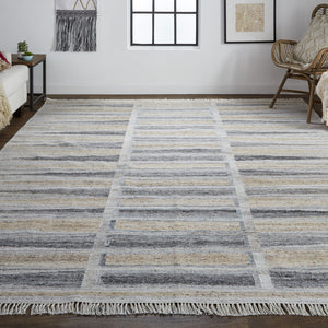 Tan Gray And Taupe Geometric Hand Woven Stain Resistant Area Rug With Fringe - 4' x 6'
